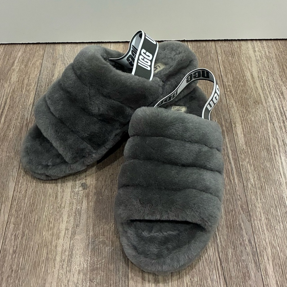 UGG Charcoal Fluffy Slides
